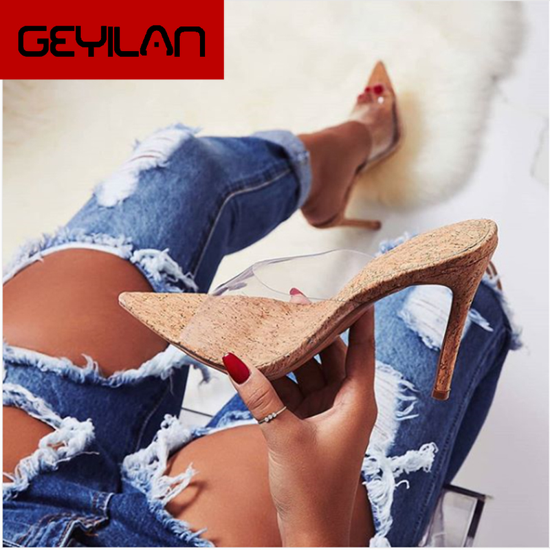 

2019 Summer Women 11.5cm High Heels Leopard Mules Transparent PVC Shales Slides Female Fetish Casual Slippers Slingback Shoes, Khaki