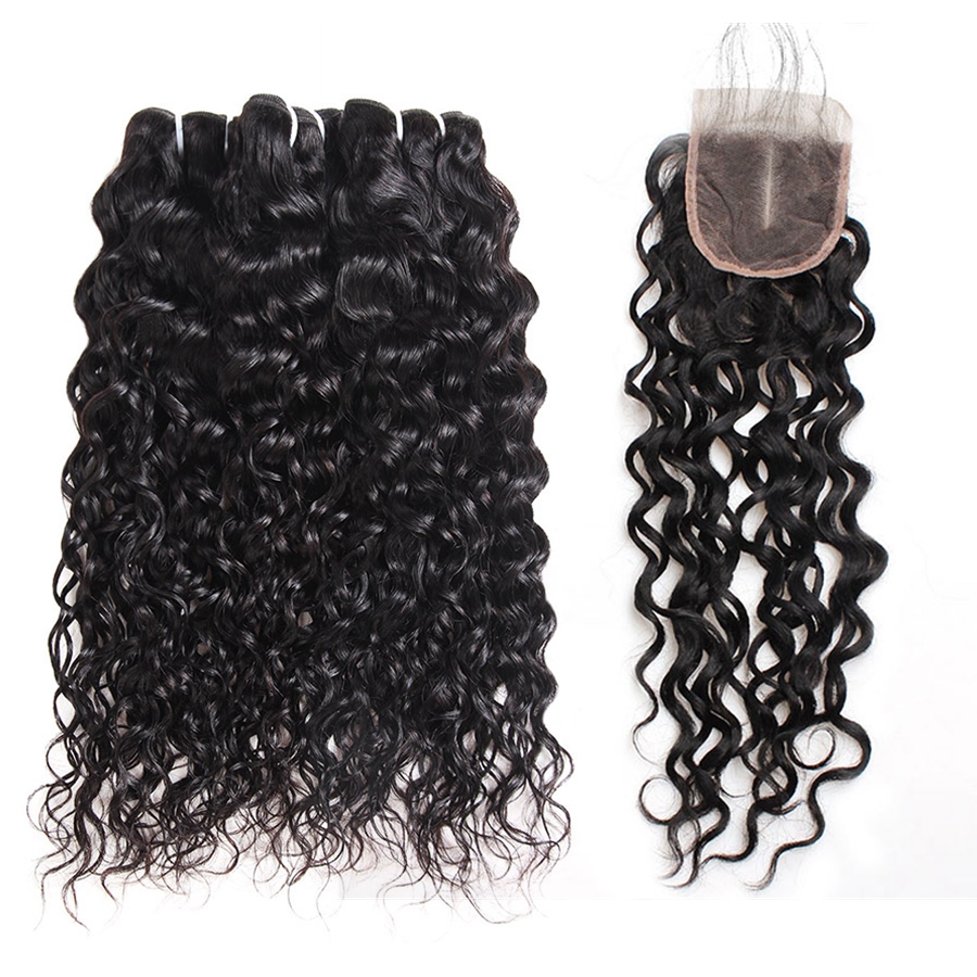 

Ishow Brazilian Deep Loose Water Wave Wefts 3/4Bundles With Lace Closure 8-28" Straight Extensions Weave for Women All Ages Natural Black Color, Deep wave