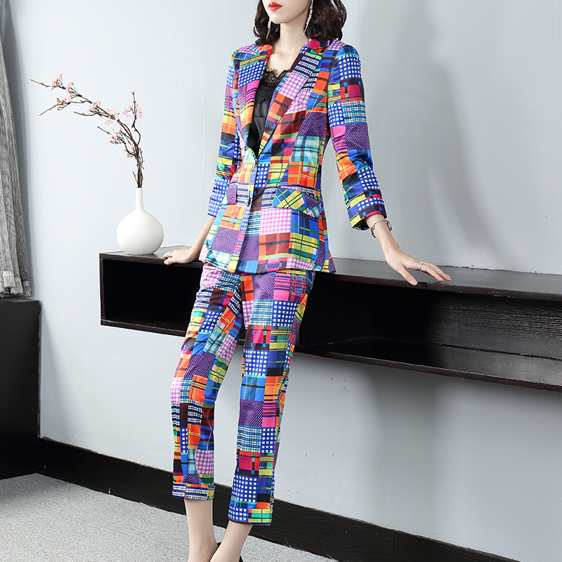 

Women' Suit New Collar Fashion Print Jacket + Nine Straight Straight Pants Set Professional Wear Formal Women' Suit Set, Same as the picture