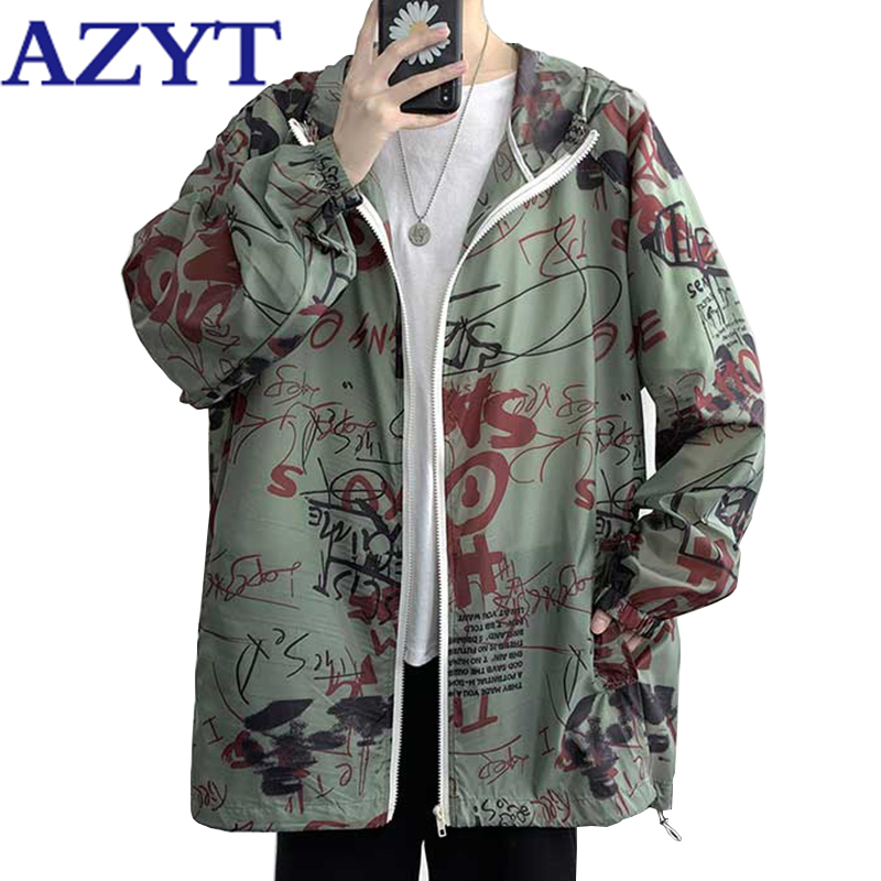 

AZYT Autumn Fashion Graffiti Hooded Female Thin Jacket 2020 Vintage Loose Casual Plus Size Jacket Women Summer Sun Shade Tops, Army green