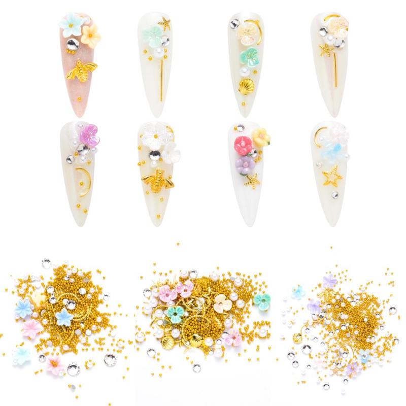 

3D Nail Art Golden Metal Star Moon Shell Shape Nails Studs Rivet Mini Beads Nail Resin Flower Rhinestone Manicure Accessories