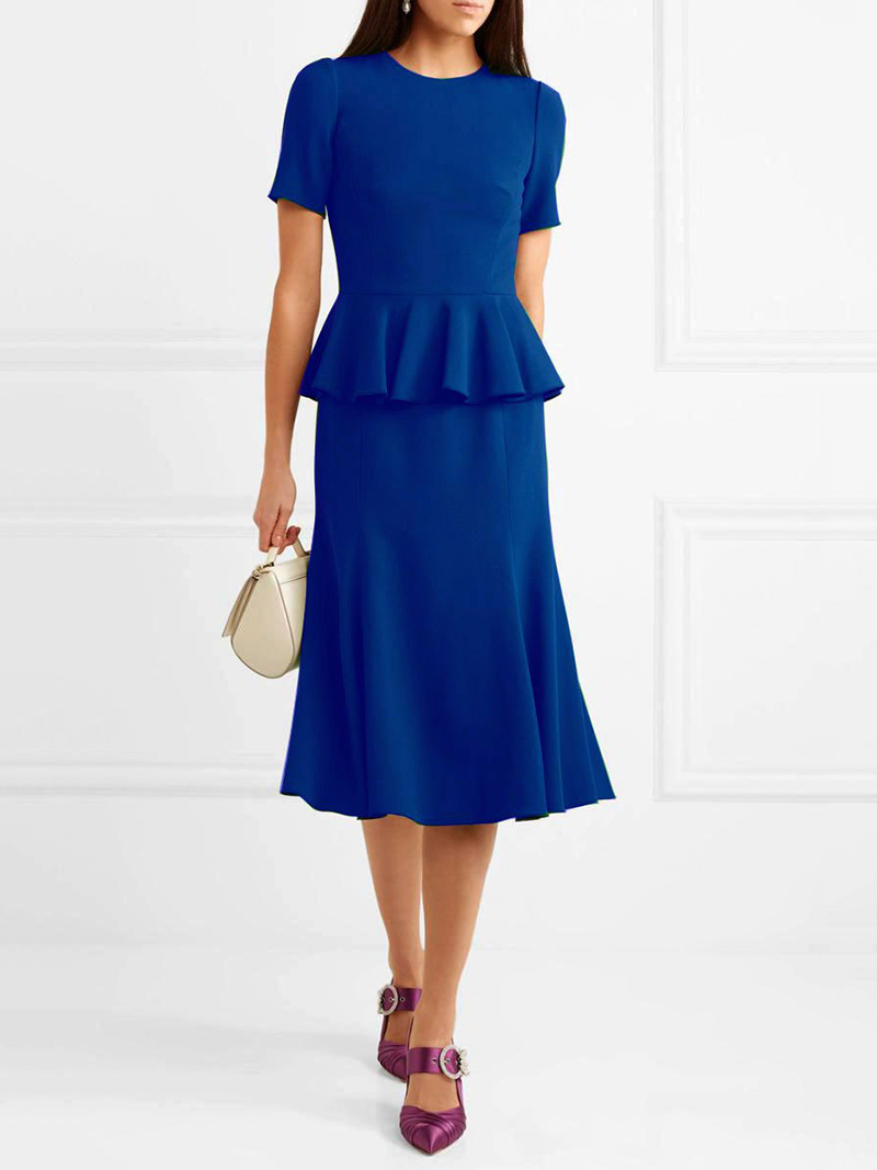 

Women Satin Blue Mermaid Dress Wave Peplum Midi Dresses Office Lady, Red