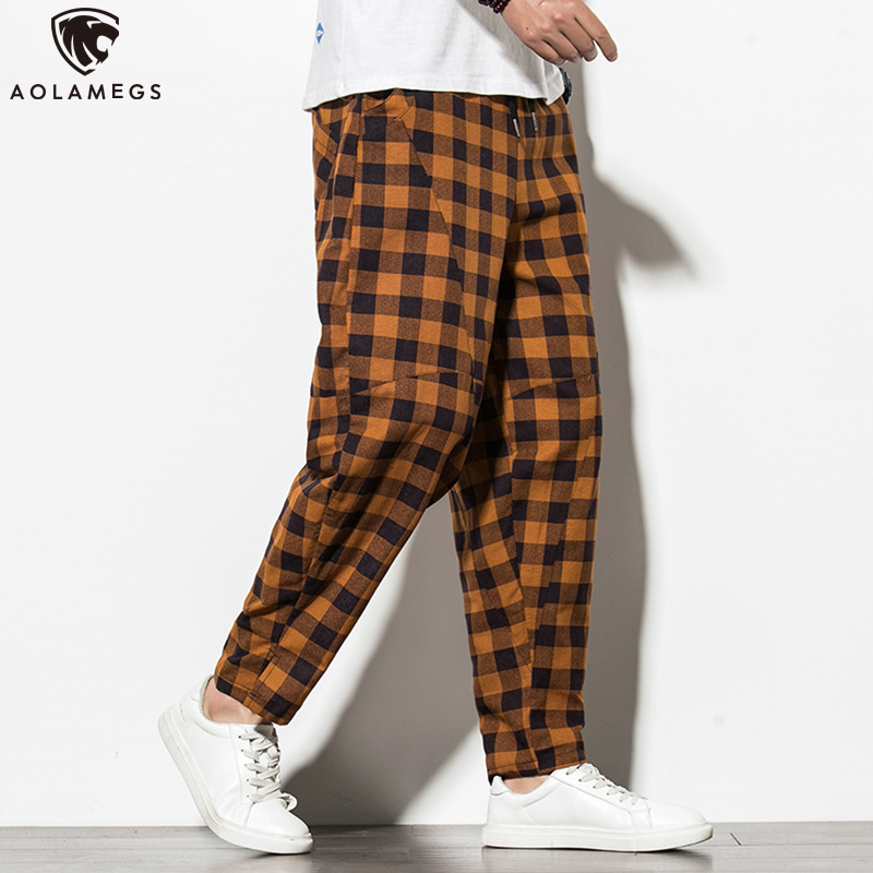 

Aolamegs Pants Men Plaid Print Casual Pants Chinese Style Trousers Harajuku Cotton Linen Harem Streetwear Plus Size -5XL, Black