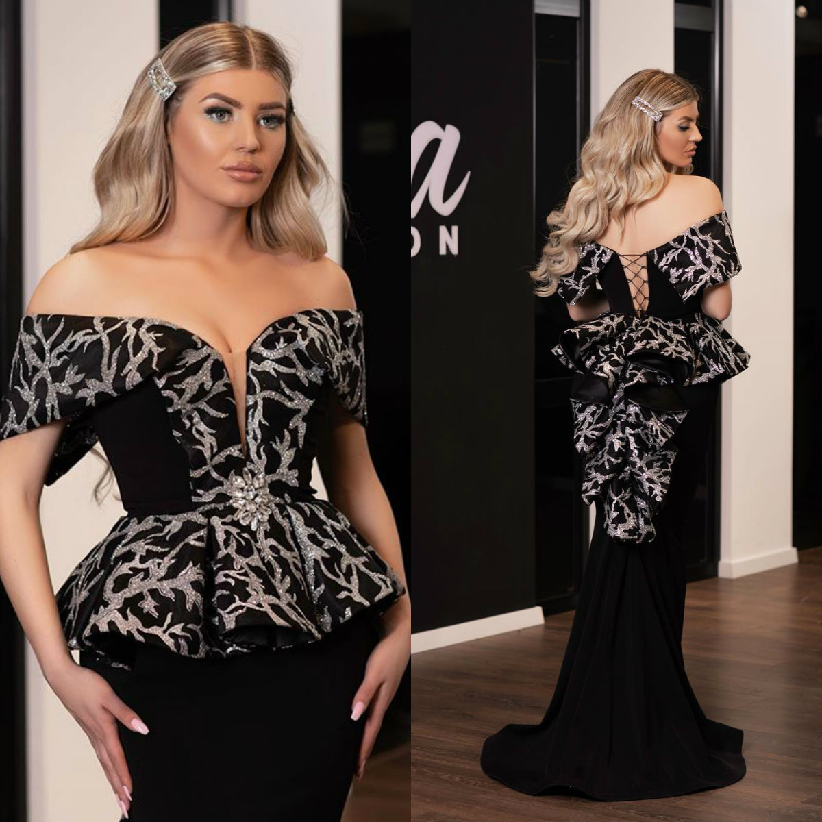 

2022 Off Shoulder Mermaid Prom Dresses Sleeveless Appliques Satin Party Gowns Sweep Train Special Occasion Dresses, Same as picture