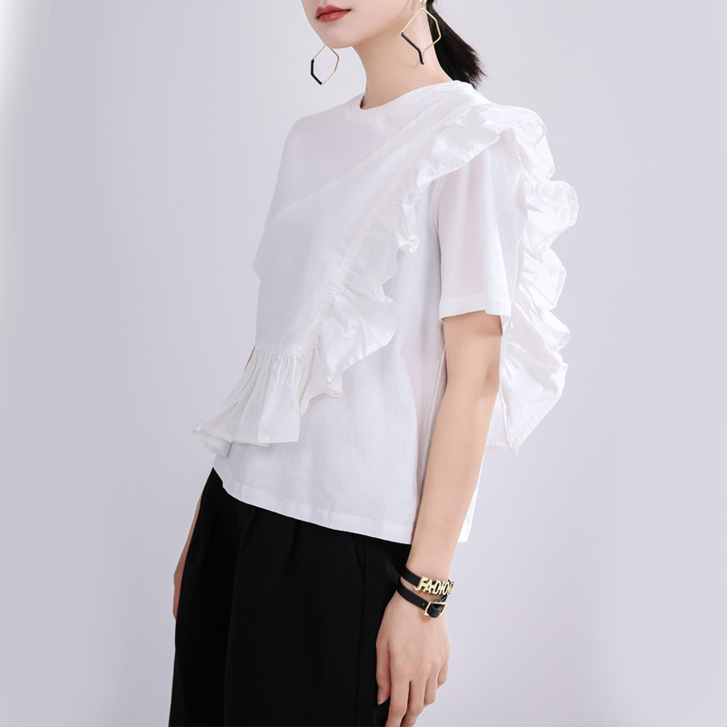 

Spring Summer 2020 Women Black Ruffles Split Joint Temperament T-shirt New Round Neck Short Sleeve Fashion Tide V837