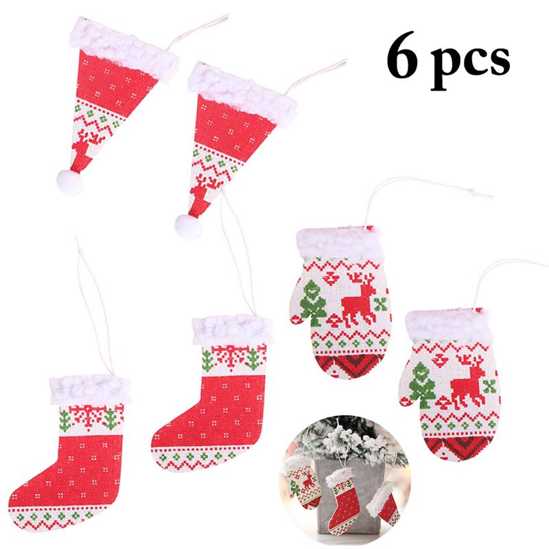 

6pcs Christmas Stocking Christmas Hat Set Tree Hanging Ornament Merry New Year Kids Toys Festival Supplies