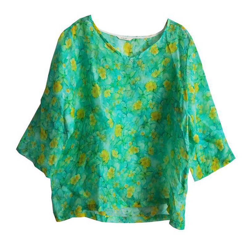 

Women Print Floral T-Shirts Linen High Quality 10 Color 2020 Summer New V-Neck Seven Sleeve Loose Vintage T-Shirts Top, Color 4