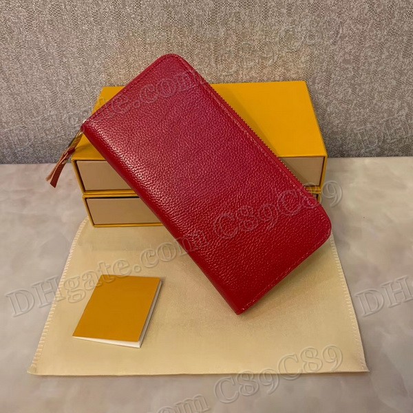 

Hot Sale ZIPPER EMBOSSED WALLET Top Quality Single Zipper Designer Men Women PU Leather Wallet Lady Long Purse 3 Colors With Box, Red