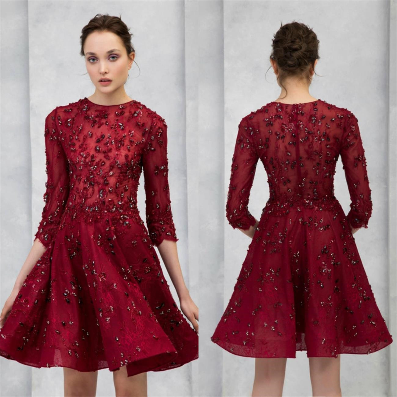 2020 Sexy A-Line Robes de bal Bijou Col Dentelle Appliquée Robe de soirée perlée Perlée Durée de genouillère courte manches longues Cocktail Home