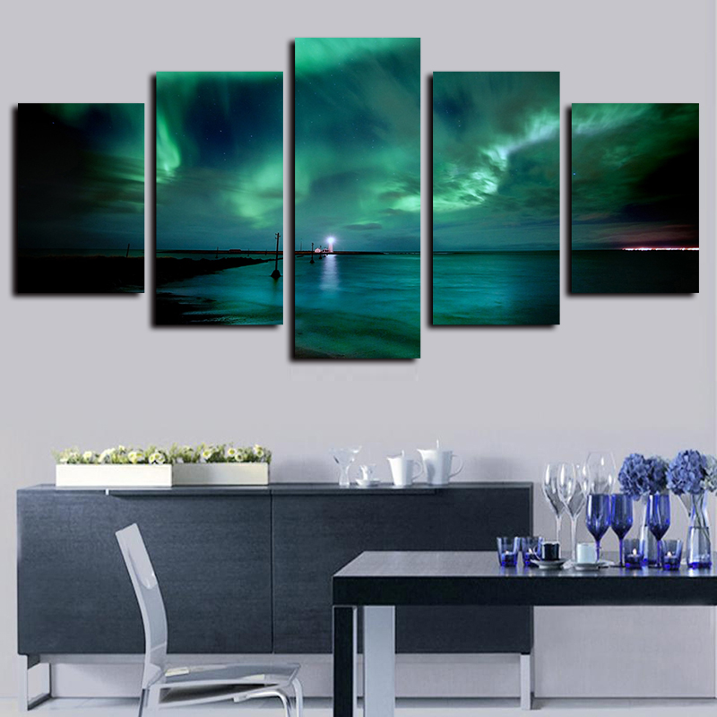 

5 Panels Large Size Beautiful Green Aurora Lake Night Landscape Giclee Canvas Wall Art Abstract Poster Canvas Print Oil Painting Wall Decor