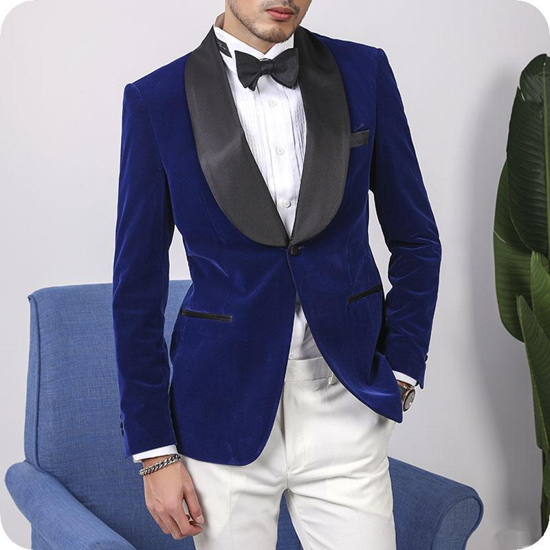 

Blue Velvet Coat Groom Wear Tuxedo Groom Suits For Wedding 2020 White Pants Mens Blazer Jacket 2PCS Homme Man Outfit Shawl Lapel, As image2