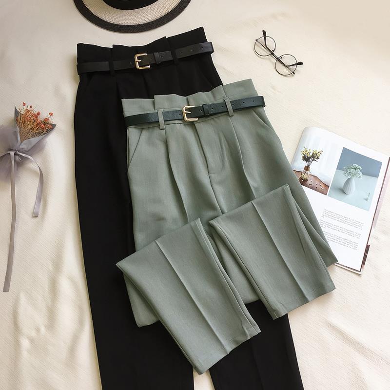 

Women 2020 New Spring Summer Chic Fashion High Waist with Belt Pants Vintage Pocket Office Wear Female Ankle-Length Trousers C22, Green