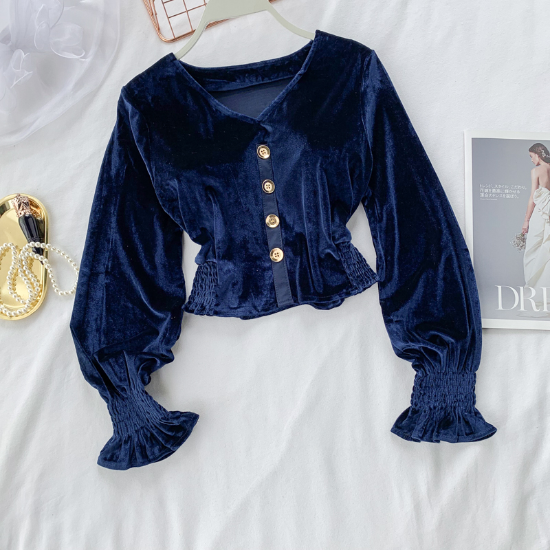 

Spring 2020 Chic Vintage Velvet T-shirt Women Navy Slim Short Tshirts Tops Elastic High Waist Buttons Puff Sleeves Clothes Femme, Blue