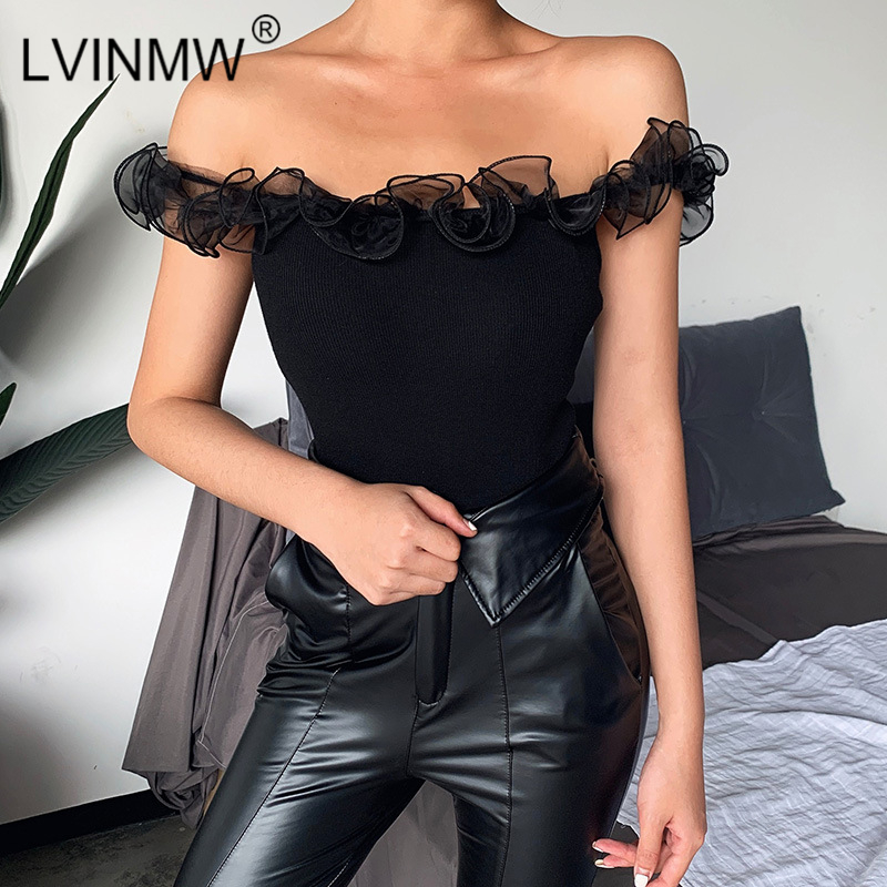 

LVINMW Sexy Black Mesh Ruffles Patchwork Knitted Slim Crop Tops 2020 Summer Women Slash Neck Elastic Short T Shirt Streetwear