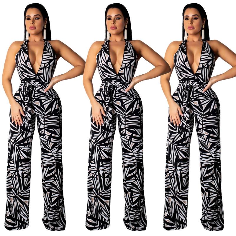 

women fashion sleeveless spritting loose jumpsuit deep v-neck sexy printing jumpsuits, Black