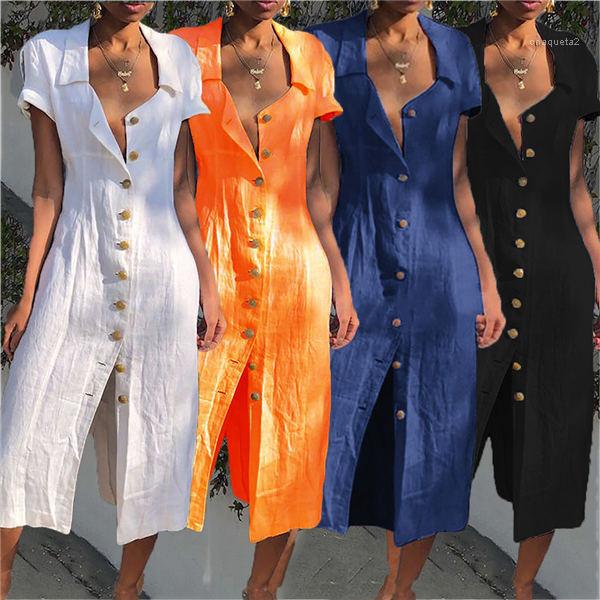 maxi linen summer buttoned solid casual shirt dresses