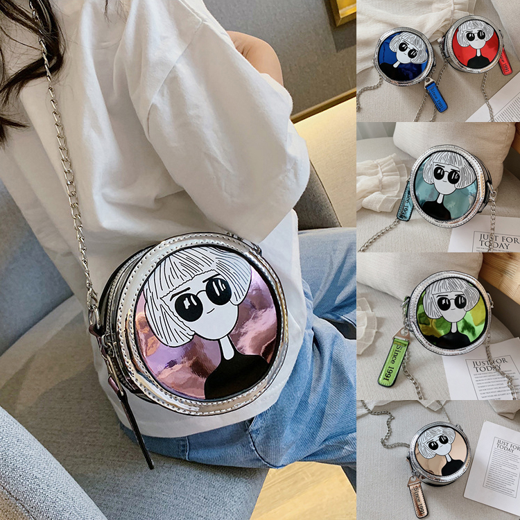 

6 colors Girl laser round handbag crossbody bag cool girl shoulder mini bag travel fashion princess chain coin purse bag JY682, Mixed colors