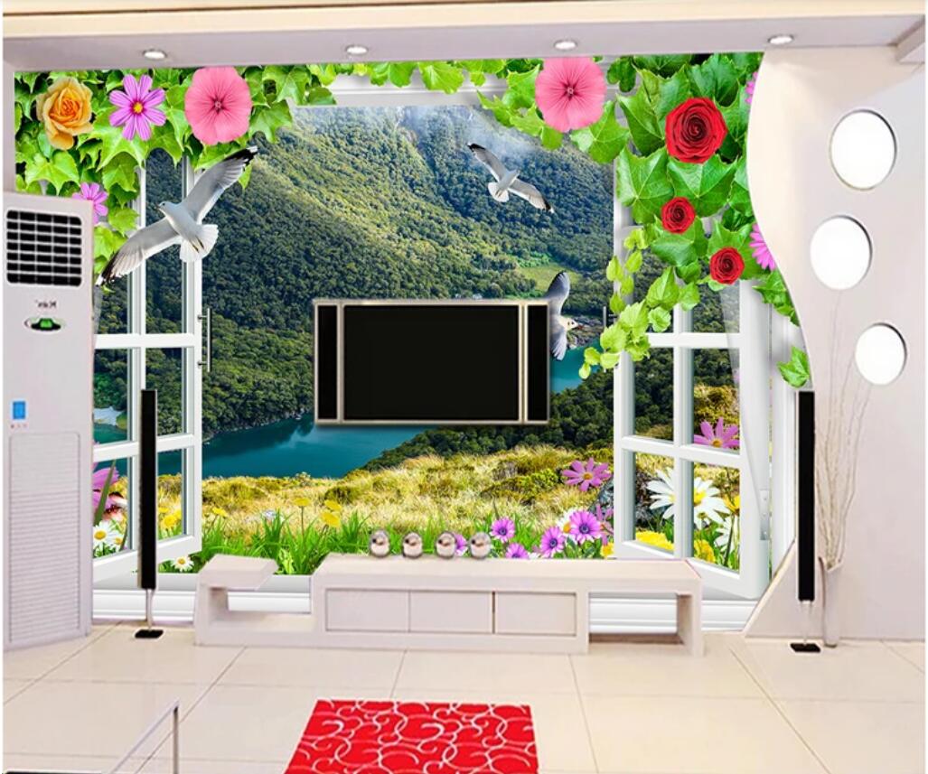 

3d room wallpaper custom photo non-woven mural Living room 3D window flowers forest scenery TV background wall wallpaper for walls 3 d, Picture shows