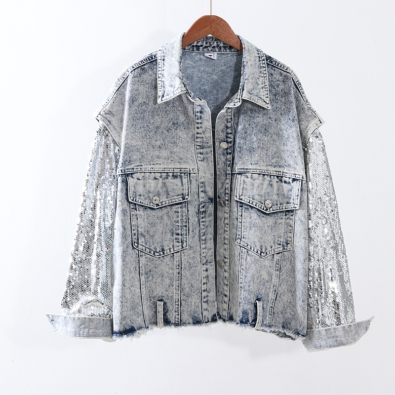 

Heavy work Sequin sleeves Stitching Denim jacket for women New 2020 Autumn Vintage washed Light blue Women jacket Mujer Chaqueta
