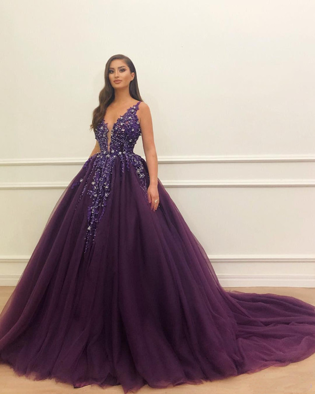 

Purple Luxurious Beaded Crystals 2019 Evening Dresses Deep V-neck Tulle Prom Dresses Sexy Formal Party Pageant Gowns, Water melon