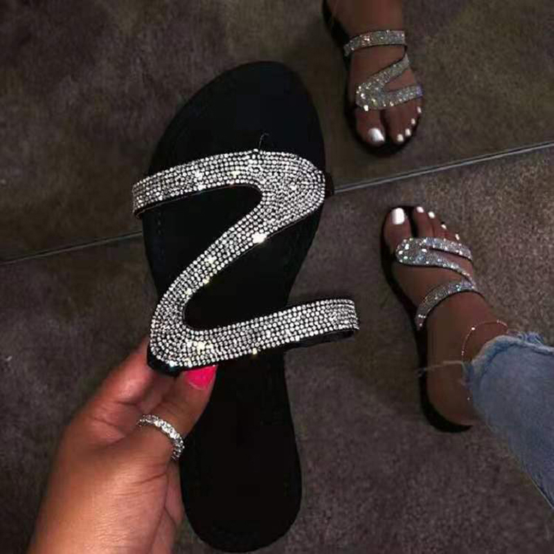 

Women Slippers 2020 Fashion Crystal Bling Sandals Flower Rhinestone Summer Shoes Women Beach slippers big Size 35-43, Blue