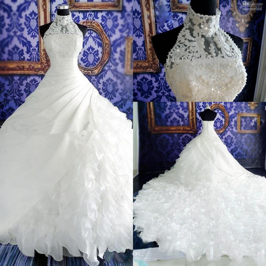 

2020 Sexy Cheap Ball Gown Wedding Dresses High Neck Sleeveless Lace Appliques Pearls Chapel Train Organza Ruffles Tiered Formal Bridal Gowns, White