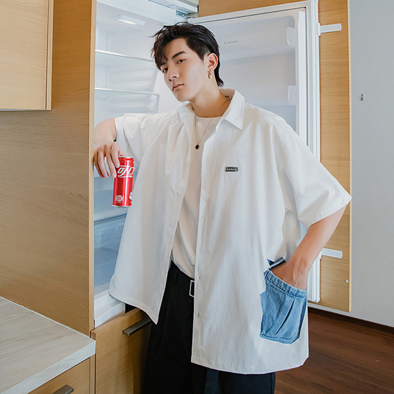 

EWQ / men' wear clothing denim pockets patchwork design White half sleeve shirt oversize tops for male fashion loose 9Y3169