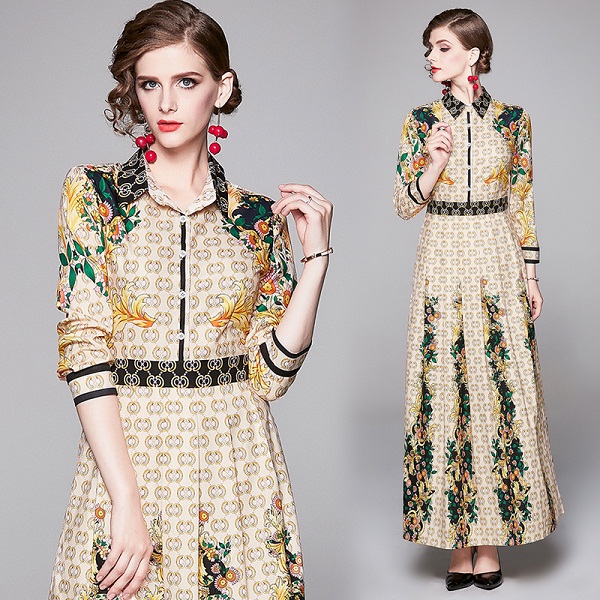 

New Elegant Winter Long Sleeve Shirt Dress Plus Size Women Luxury Designer Floral Print Pleated Party Prom Ladies Sexy Slim Runway Dresses, Customize