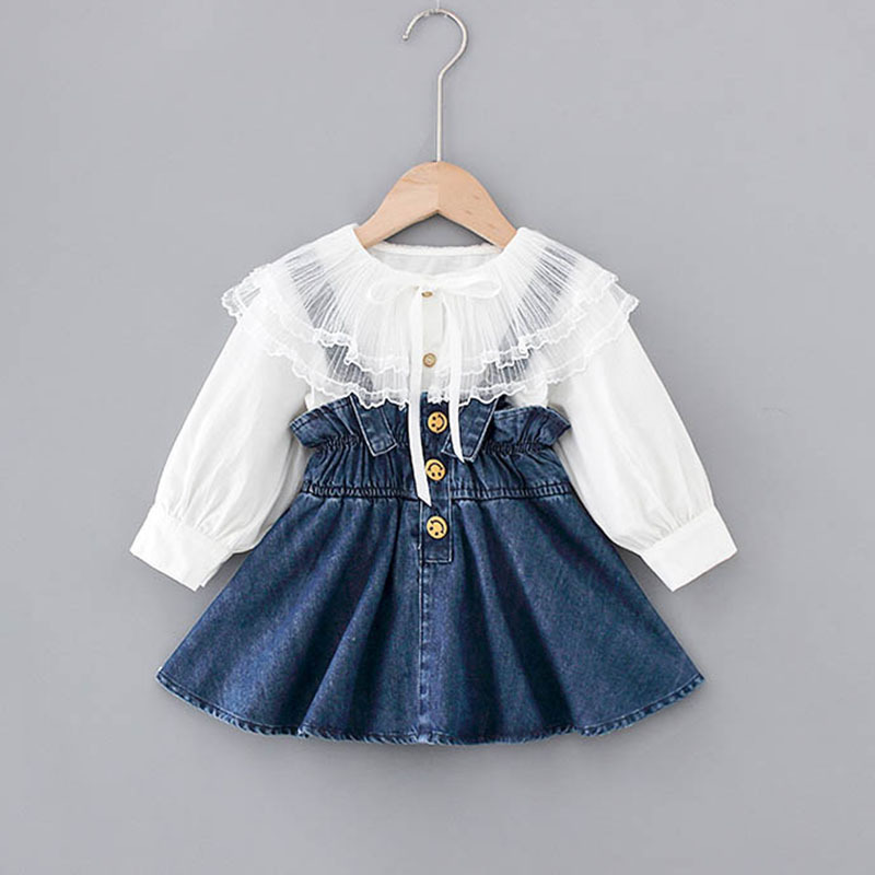 

2-7 years high quality girl clothing set 2020 new autumn fashion tiered ruched solid shirt + denim pant kid children clothing, Ah647white