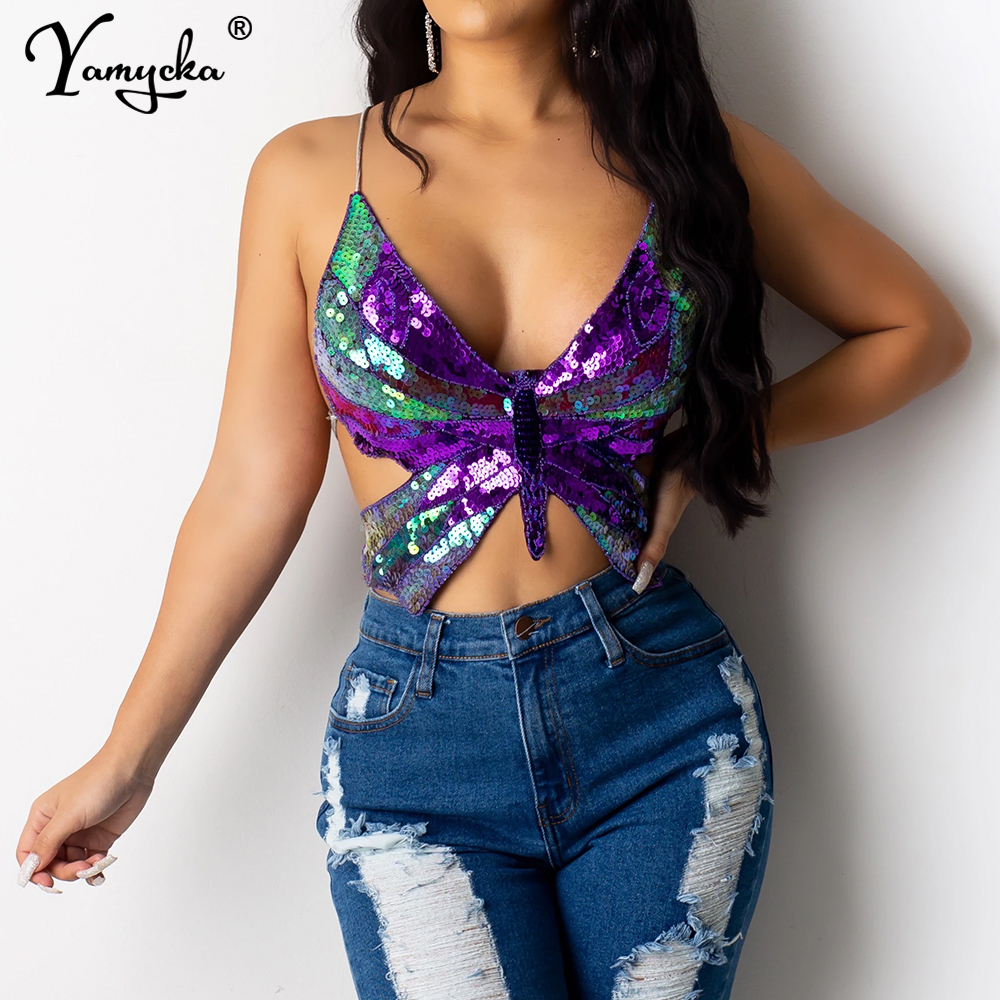 Sexy sequin butterfly crop top women summer tops vintage womens Lace Up tank top t shirt backless Bandage short woman clothes T200508