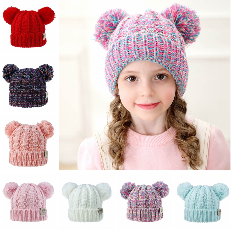 

Kid Knit Crochet Beanies Hat Girls Soft Double Balls Winter Warm Hat 12 Colors Outdoor Baby Pompom Ski Caps TTA1598, Blue;gray