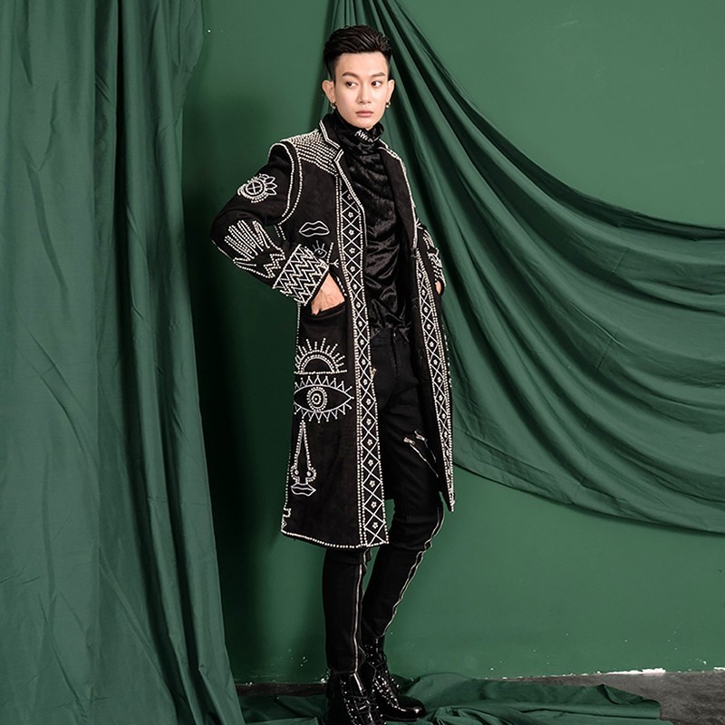 

Men Asia Real Size Black Baroque Embroidery Beading Event/red Carpet/stars/luxury Long Coat/stage Performance/studio/dance/club, As pic