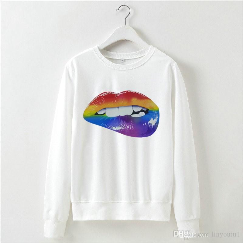 

2020 women hoodie long sleeves autumn and winter Womens Casual Lips Print Shirts O-Neck long sleeve hoodie women t shirt, Black