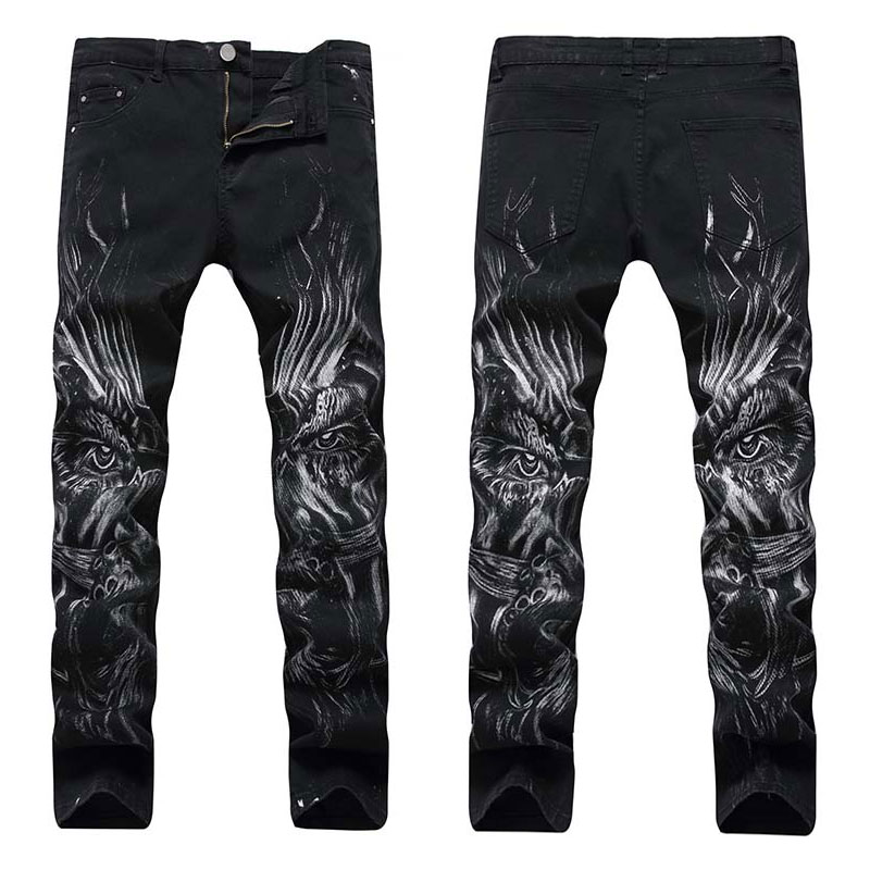 

Mens jeans Printing casual Runway elastic Straight Mid Waist denim pant Washed high quality, T-917
