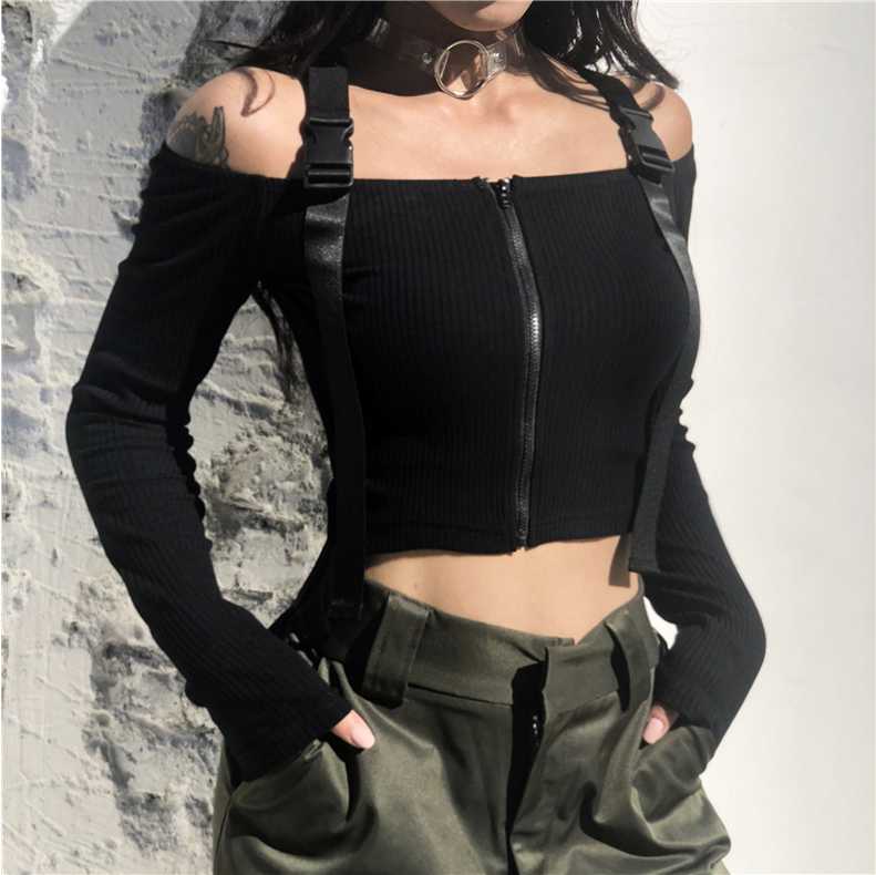 

Trendy Women clothes Off Shoulder zipper strap solid Tops cotton casual Long Sleeve Slim T-shirts, Black