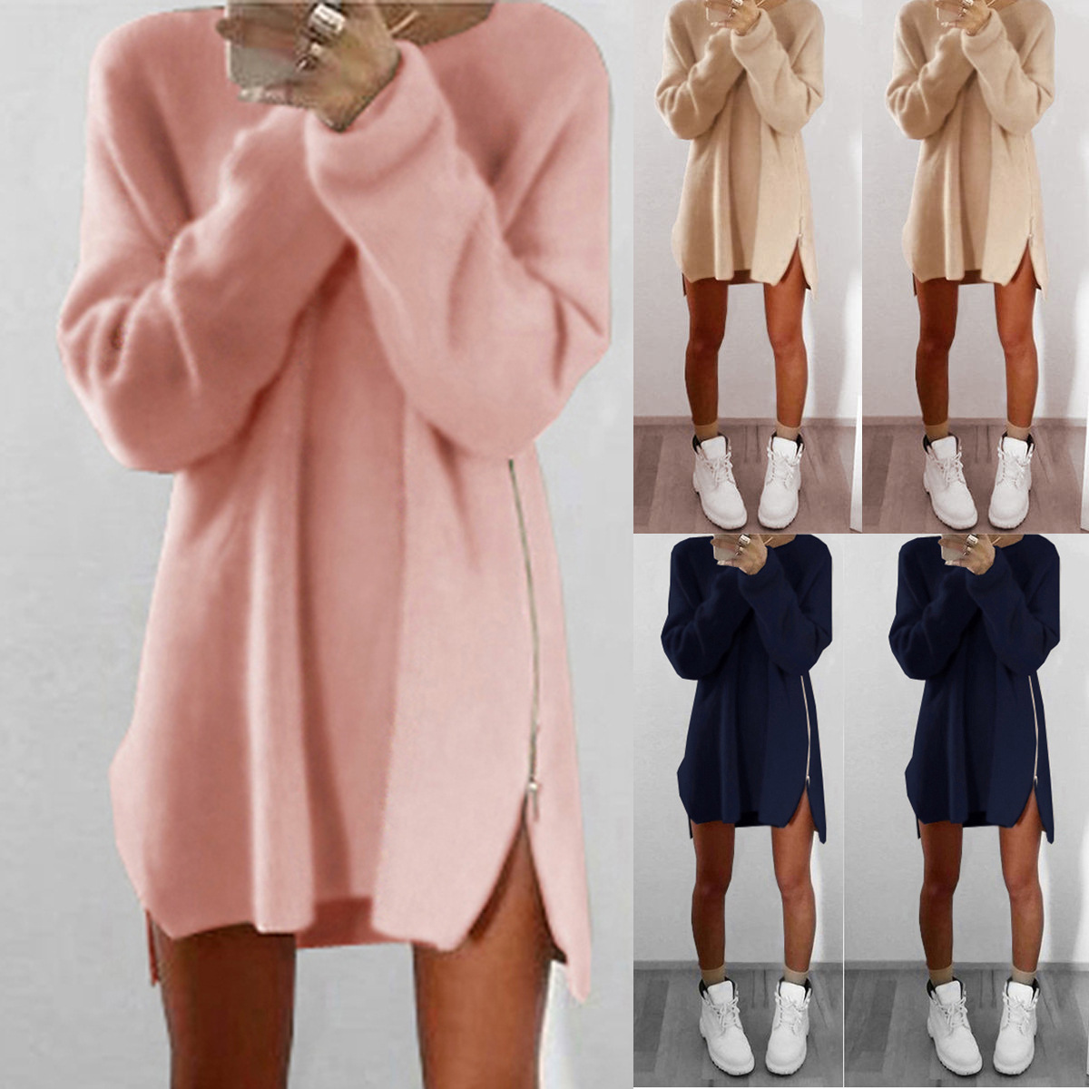 

Women Autumn Winter Dress Solid Long Sleeve Zipper Slit Loose Mini Sweater Dress Plus Size Party Night Club Sexy Dresses XXXXXL, Beige