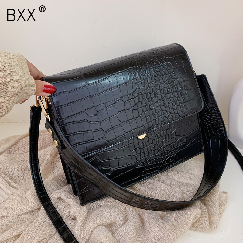 

[BXX] Stone Pattern PU Leather Crossbody Bags For Women 2020 Autumn Shoulder Messenger Bag Female Handbags HI917, Black
