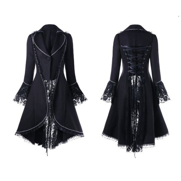 

Wipalo Women Lace Trim Retro Coat Gothic Jacket Medieval Victorian Lace-Up Bandage Jacket High Low Noble Court Dress Overcoat, Black