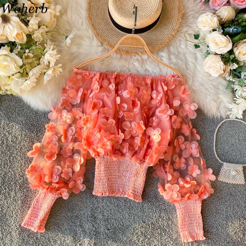 

Woherb Sexy Off Shoulder Chiffon Blouse 3D Flower Puff Sleeve Women Sweet Shirt 2020 Korean See Through Mesh Top Chiffon Blusas, Black
