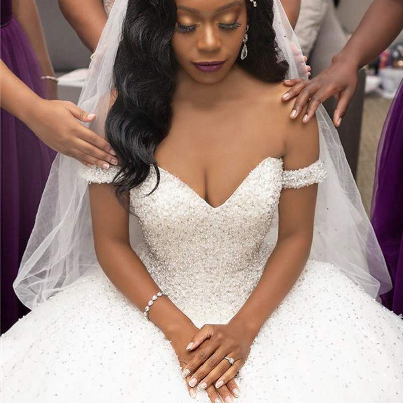 Luxe Africain Cristal Perlé Hors Épaule Robes De Mariée À Lacets Dos Chérie Sans Manches Robe De Bal Robes De Mariée Robe De Noiva