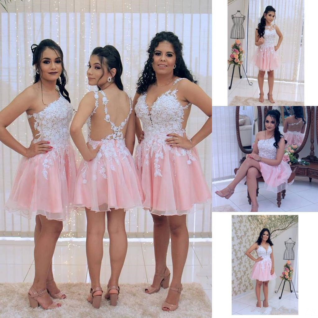 

Different Neckline White Lace Applique A Line Bridesmaid Dresses Tulle Short Wedding Party Gowns Sexy Backless Cocktail Dress