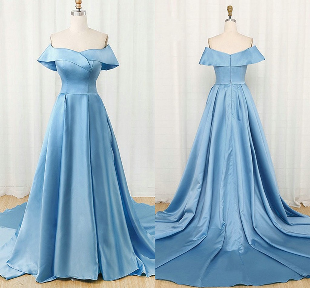 

Boat Neckline Sky Blue Satin Prom Evening Gowns Open Back Dresses Evening Wear Robes De Soirée Cocktail Party Bridesmaid Dress Real Image, Daffodil