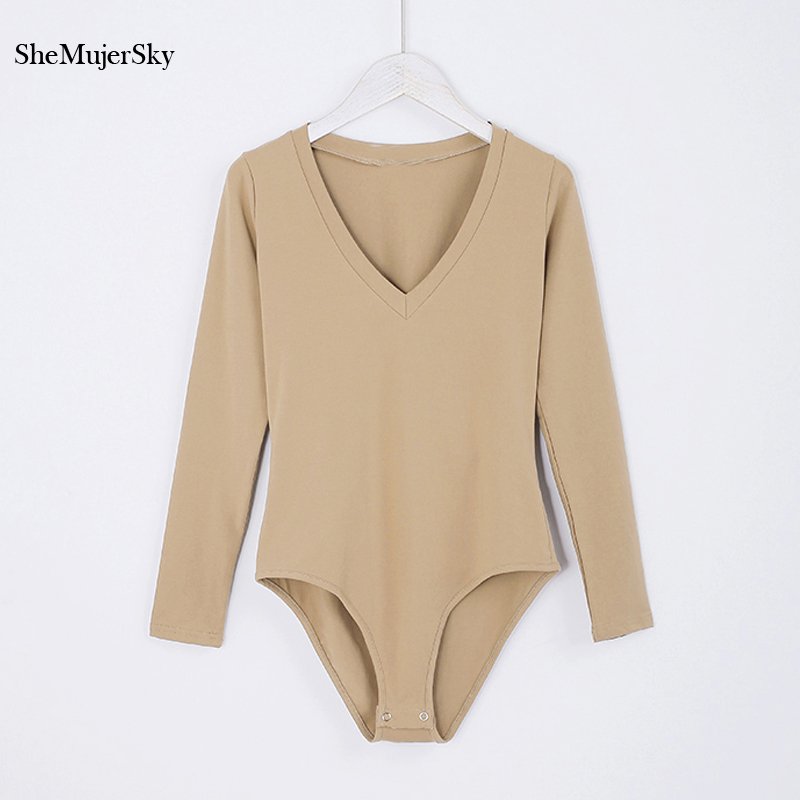 

SheMujerSky V Neck Bodysuit Women Bodysuits Long Sleeve For Women Autumn Jumpsuits Playsuit Womens Rompers, Beige