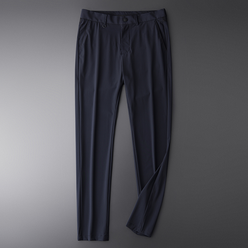 

New Summer Men Suit Pants Luxury Soft Silky Fabric Solid Color Skinny Men Casual Pants Hight Quality Slim Fit Man Trousers, Navy hk-cz19036