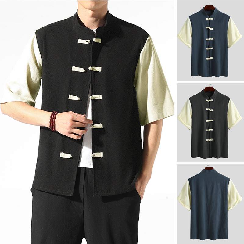 

INCERUN Men Chinese Tradition Cotton Buttons Patchwork Shirts Man Vintage Shirts Short Sleeve Stand Collar Shirt Retro Blouse, Black