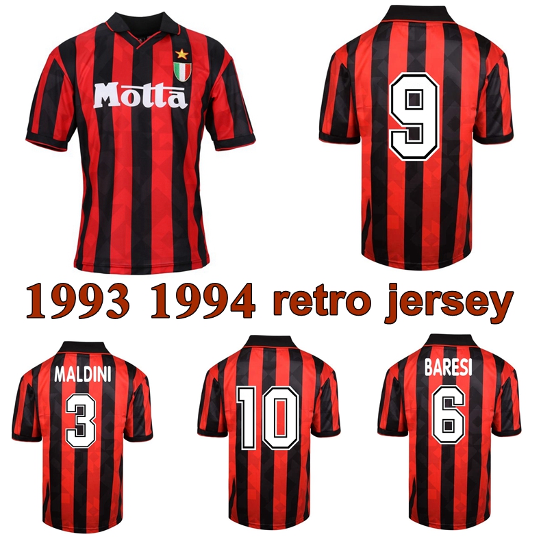 

1993 1994 Baresi Maldini Boban Desailly Donadoni retro soccer jersey 93 94 classic vintage Savicevic Papin van Basten old football shirt, Home jersey
