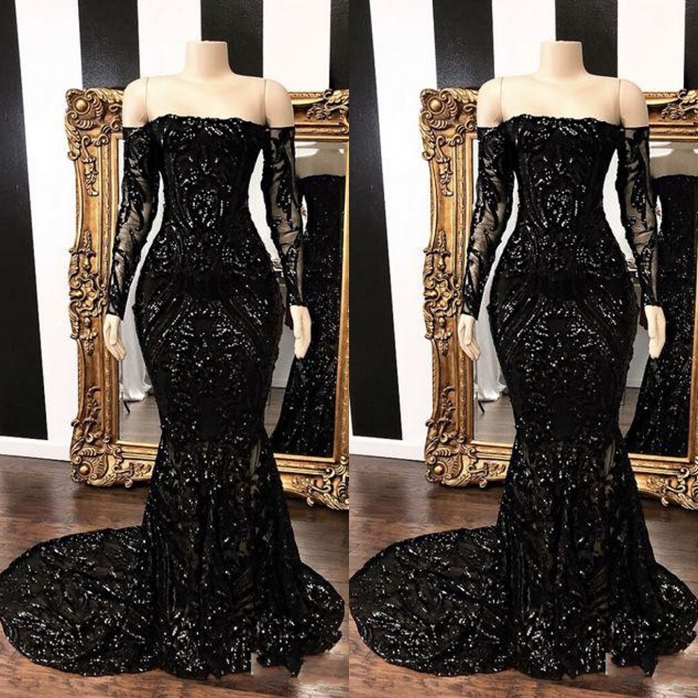 

New Sexy Arabic Black Prom Dresses Illusion Sequined Lace Off Shoulder Mermaid Long Sleeves Sequins Party Gowns Formal Evening Dress Wear, Same as picture
