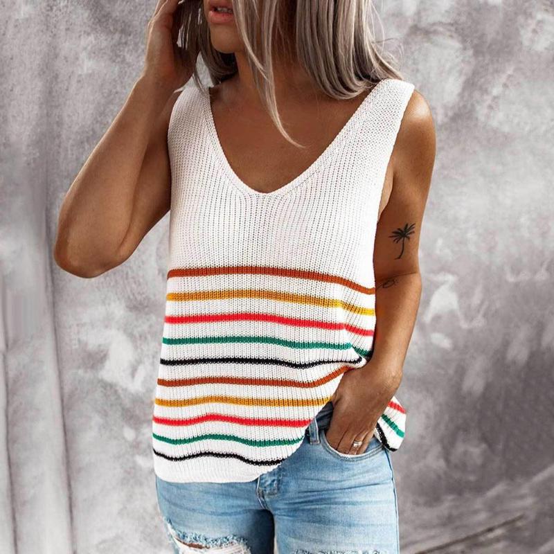 

New Women Summer Fashion V Neck Sleeveless Horizontal Stripes Knitted Loose Vest Blouse, Black