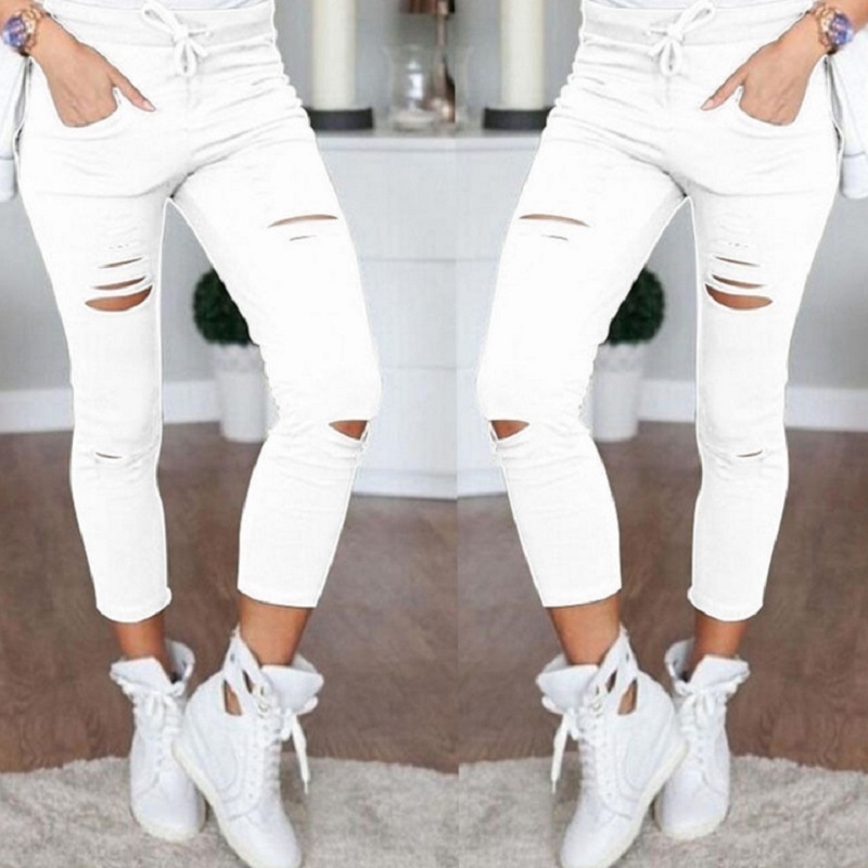 

New Fashion Pants Women Leggings Holes Pencil Stretch Casual Denim Skinny Ripped Pants High Waist Jeans Trousers, Black