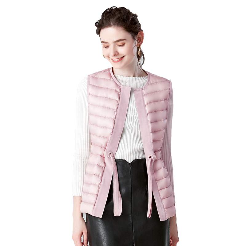 

Autumn Winter Belt Thin Sleeveless Down Coat Elegant O-Neck Adjustable Waist Down Jackets Sweet Slim korean womens coats winter, Black